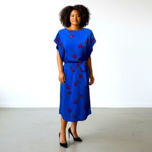 Vintage Blue Floral Silk Midi Dress - Size 14